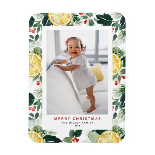 Citrus and Winter Greenery Pattern Christmas Photo Magnet
