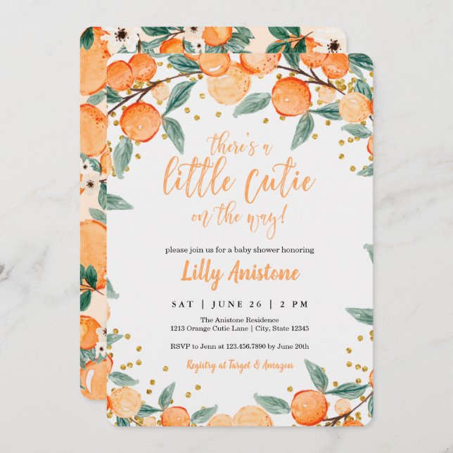 Citrus Baby Shower Botanical Orange Little Cutie Invitation (Front/Back)