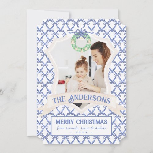 Citrus Blue Chinoiserie Crest One Photo Christmas Holiday Card