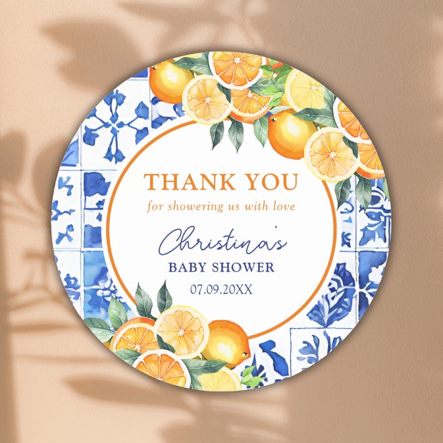 Citrus Blue Tiles Baby Shower Thank You Classic Round Sticker (Creator Uploaded)