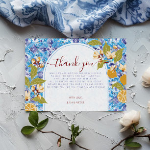 Citrus Blue Yellow Lemon Amalfi Coast Baby Shower Letterpress Thank You Card
