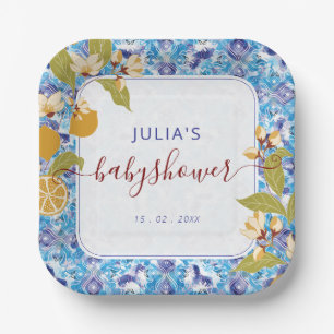 Citrus Blue Yellow Lemon Amalfi Coast Baby Shower Paper Plates