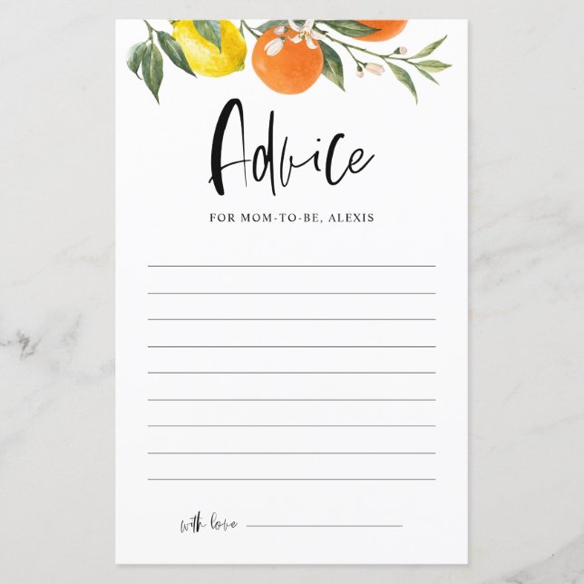 Citrus Botanical Baby Shower Advice Card (Front)