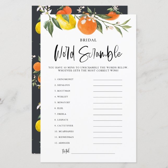 Citrus Botanical Bridal Shower Word Scramble Game (Front/Back)