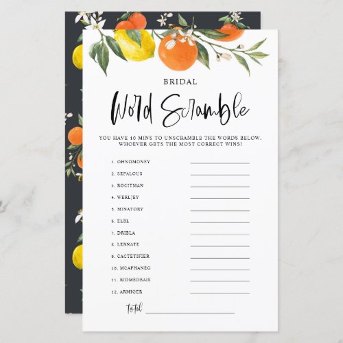 Citrus Botanical Bridal Shower Word Scramble Game