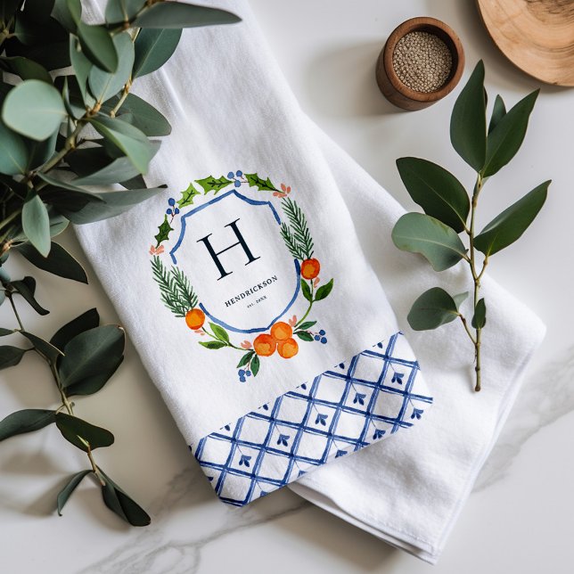 Citrus Botanical Christmas | Family Name Monogram Kitchen Towel (Creator Uploaded)