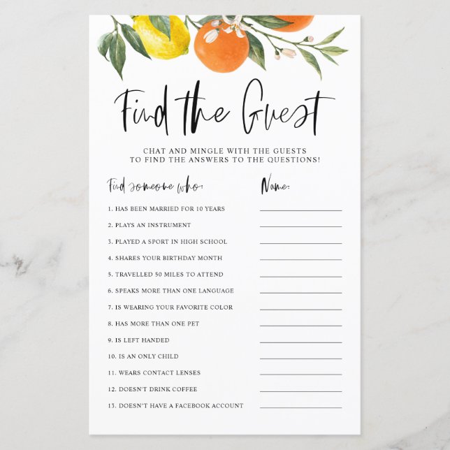Citrus Botanical Find the Guest Shower Game Card (Front)