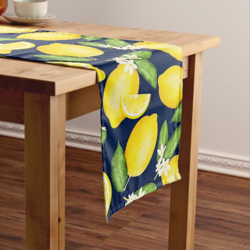 Citrus Botanical Lemon Navy Blue Long Table Runner