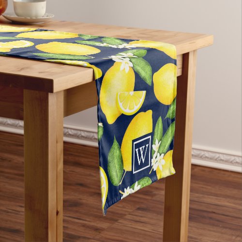 Citrus Botanical Lemon Navy Blue Monogram  Long Table Runner