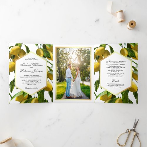 Citrus Botanical Lemon Orchard Wedding Tri_Fold Invitation