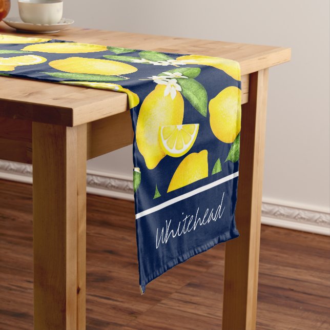 Citrus Botanical Lemon Personalize Navy Blue Long Table Runner (In Situ)