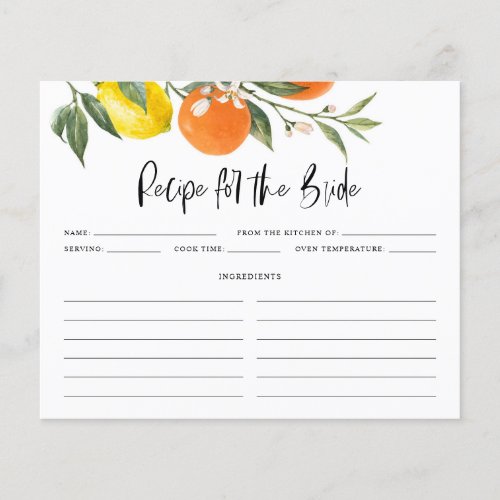 Citrus Botanical Summer Bridal Shower Recipe Card