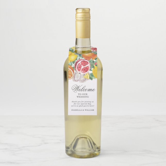 Citrus Botanical Wedding Welcome Bottle Hanger Tag (On Bottle)