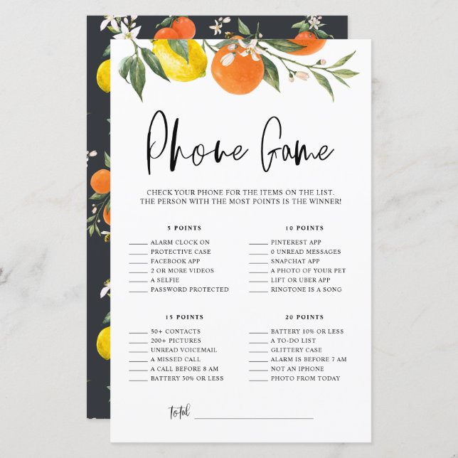 Citrus Botanical What's On Your Phone Shower Game (Front/Back)