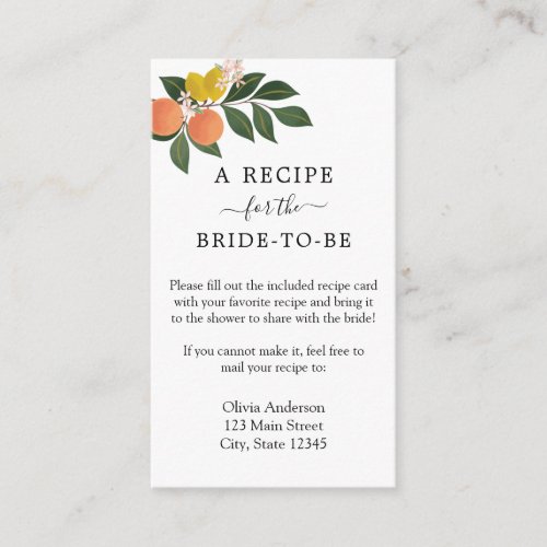 Citrus Bridal Shower Recipe Request Enclosure Card