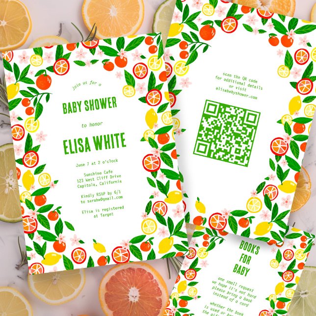 Citrus Celebration CUSTOM QR Code BABY SHOWER Invitation (Citrus Celebration CUSTOM QR Code BABY SHOWER Invitation
Summer Lemons Oranges Fruits)