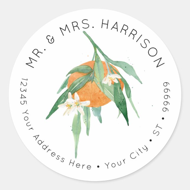 Citrus Cutie Orange Floral Greenery Address Classic Round Sticker (Front)