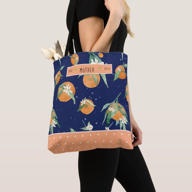 Citrus Cutie Orange Floral Navy Best Mother Ever Tote Bag (Close Up)