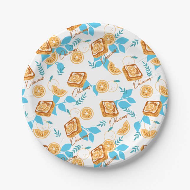 Citrus Delight Pastry and Leaves Dessert Pattern Paper Plates (Front)