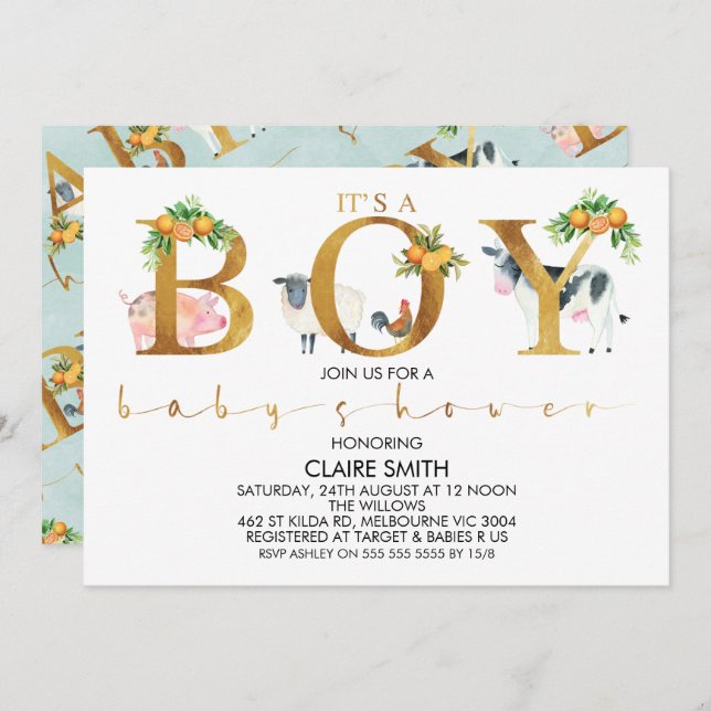 Citrus Farm Animals Word Baby Shower Invitation (Front/Back)
