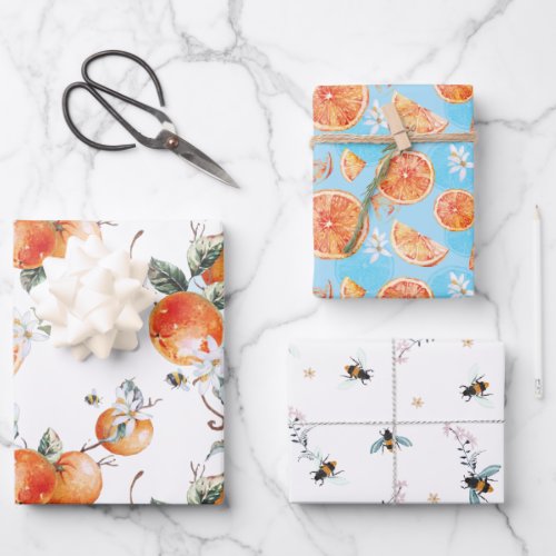 Citrus Floral Bumble Bee Watercolor Wrapping Paper Sheets