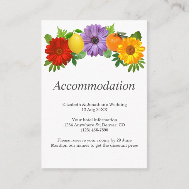 Citrus Floral Garden Wedding Accommodation Enclosure Card (Front)