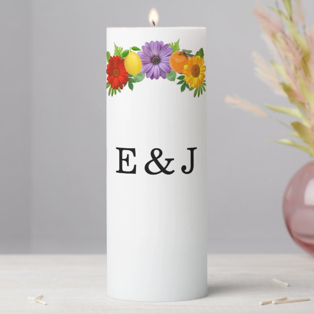Citrus Floral Garden Wedding Pillar Candle (In Situ)