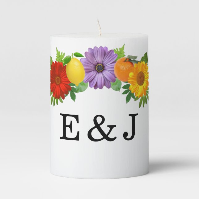 Citrus Floral Garden Wedding Pillar Candle (Front)