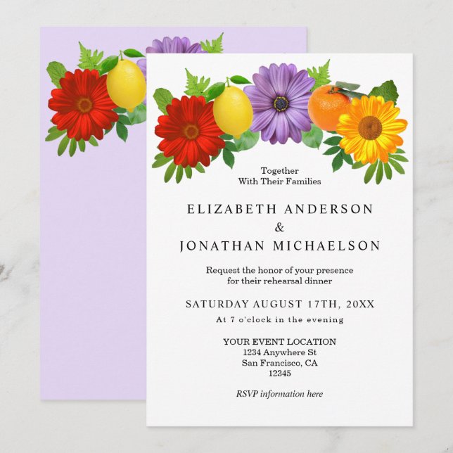 Citrus Floral Garden Wedding Rehearsal Dinner Invitation (Front/Back)