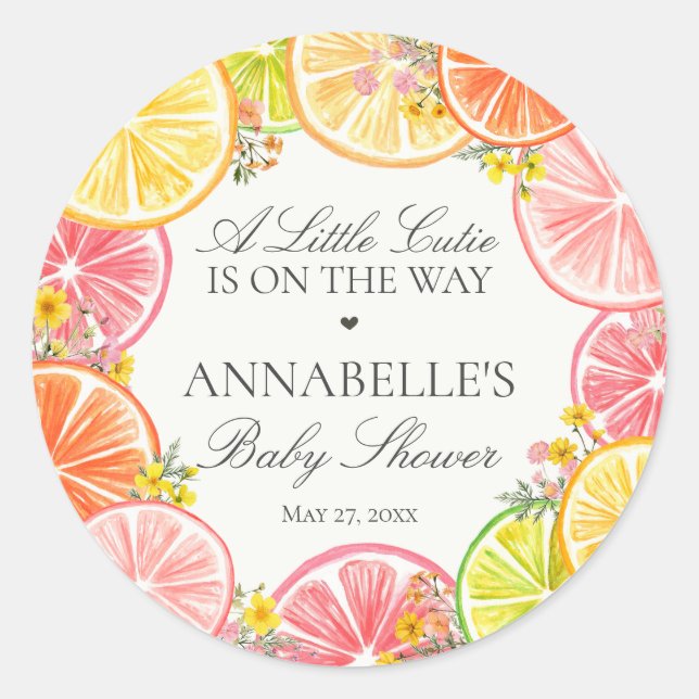Citrus Floral Little Cutie Baby Shower Favors Classic Round Sticker (Front)