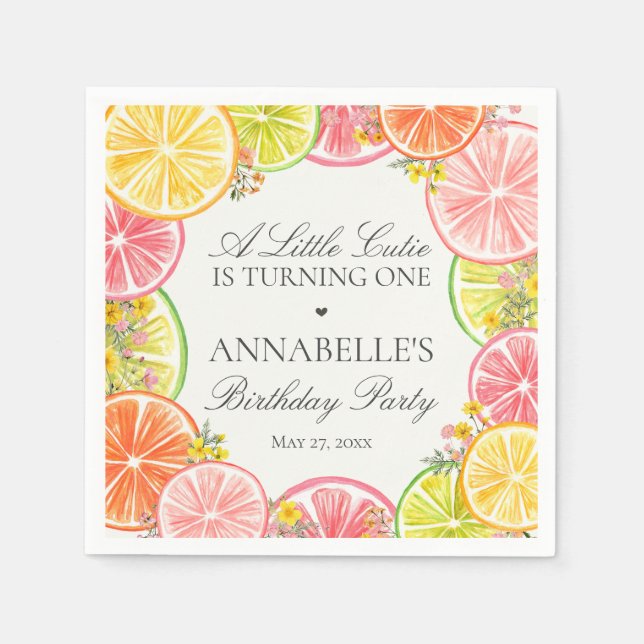 Citrus Floral Little Cutie Birthday Party Table Napkins (Front)