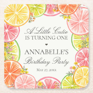 Citrus Floral Little Cutie Birthday Party Table Square Paper Coaster