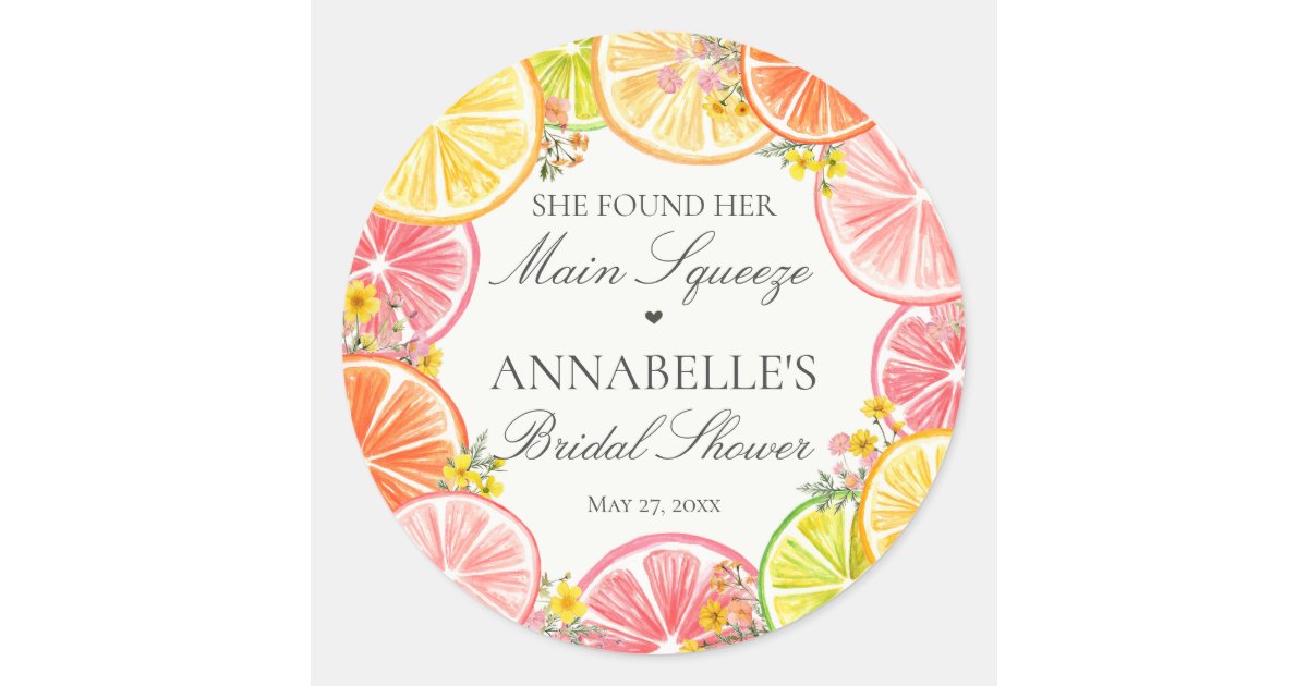 Citrus Floral Main Squeeze Bridal Shower Favors Classic Round Sticker ...
