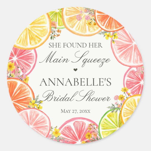 Citrus Floral Main Squeeze Bridal Shower Favors Classic Round Sticker (Front)