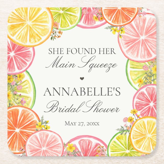 Citrus Floral Main Squeeze Bridal Shower Table Square Paper Coaster (Front)