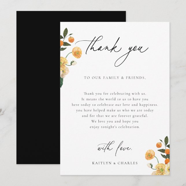 Citrus Floral Wedding Reception Table Thank You Card (Front/Back)