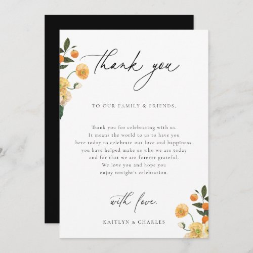 Citrus Floral Wedding Reception Table Thank You Card