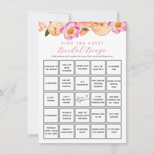 Citrus Flowers Find Guest Bridal Bingo Game Card
