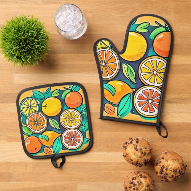 Citrus Fruit Art Design Oven Mitt & Pot Holder Set (Top Down)