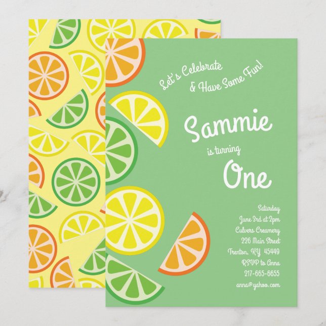 Citrus Fruit Colorful 1st Birthday Invitations (Front/Back)