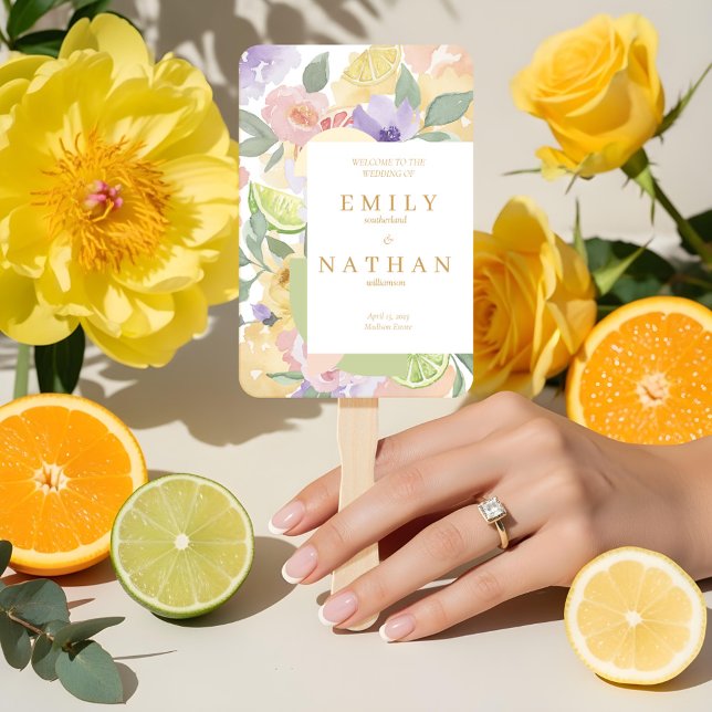 Citrus Fruit & Florals Wedding Watercolor Program Hand Fan (Citrus Fruit & Florals Wedding Watercolor Program Hand Fan)