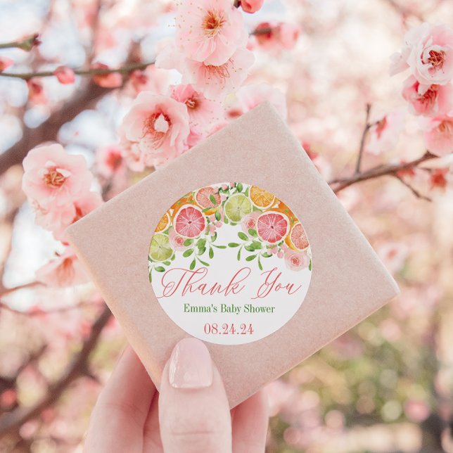 Citrus Fruit & Flowers Baby Shower Favor Classic Round Sticker (Creator Uploaded)