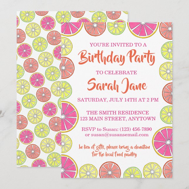 Citrus Fruit Lemon Lime Orange Grapefruit Party Invitation (Front/Back)