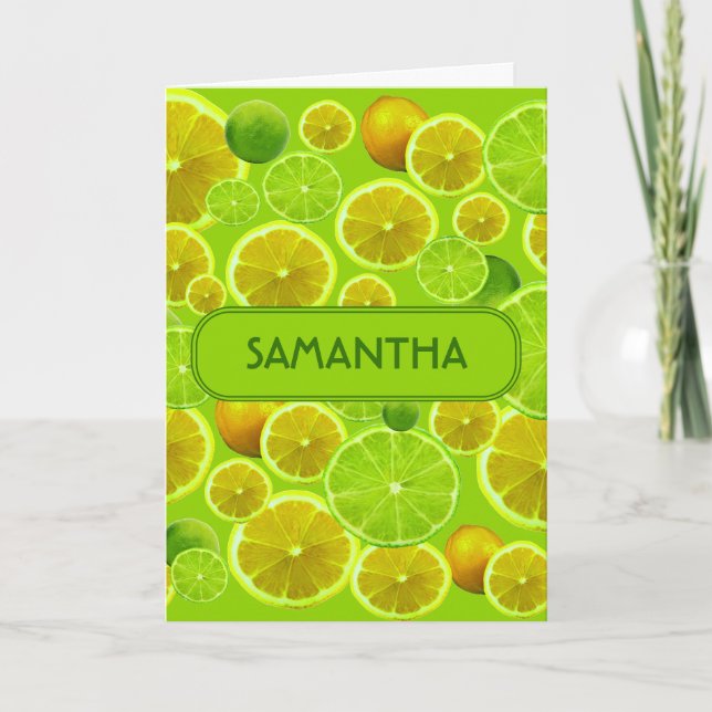 Citrus Fruit, Lemon & Lime Pattern - Personalized Card (Front)