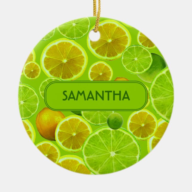 Citrus Fruit, Lemon & Lime Pattern - Personalized Ceramic Ornament (Front)