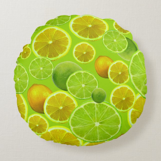 Citrus Fruit, Lemon & Lime Patterned Round Pillow (Front)