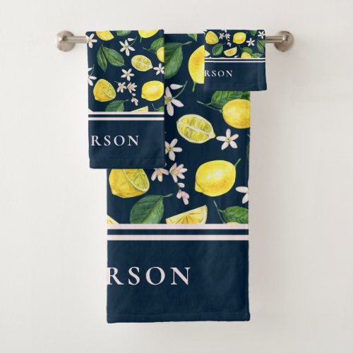 Citrus Fruit Lemon Pattern Monogram Bath Towel Set