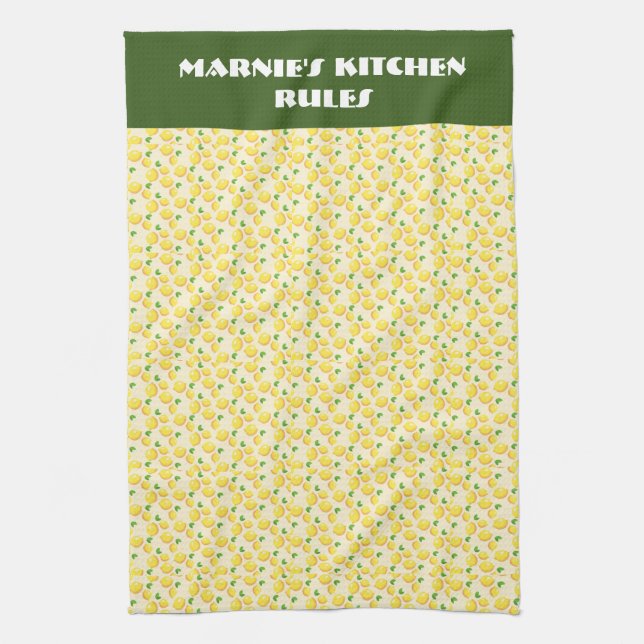Citrus fruit, lemons, green background editable  kitchen towel (Vertical)