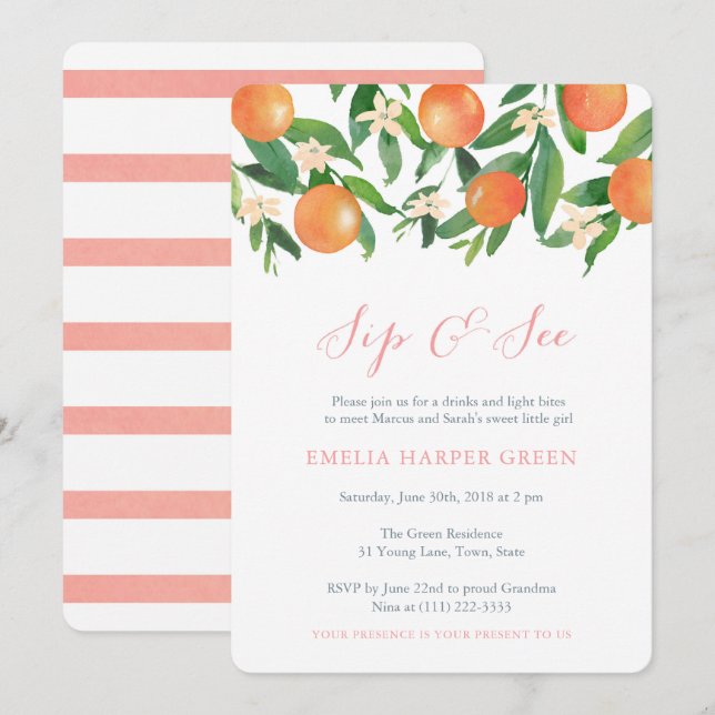 Citrus fruit oranges Sip and See Party, Baby Girl Invitation (Front/Back)