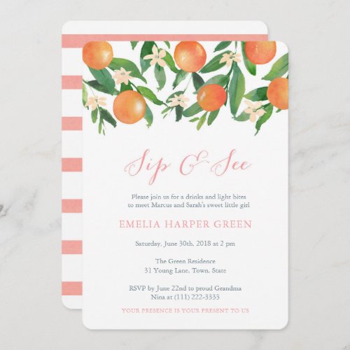 Citrus fruit oranges Sip and See Party Baby Girl Invitation